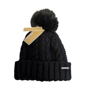 Michael Kors Cable Knit Beanie With Faux Fur Pom Black